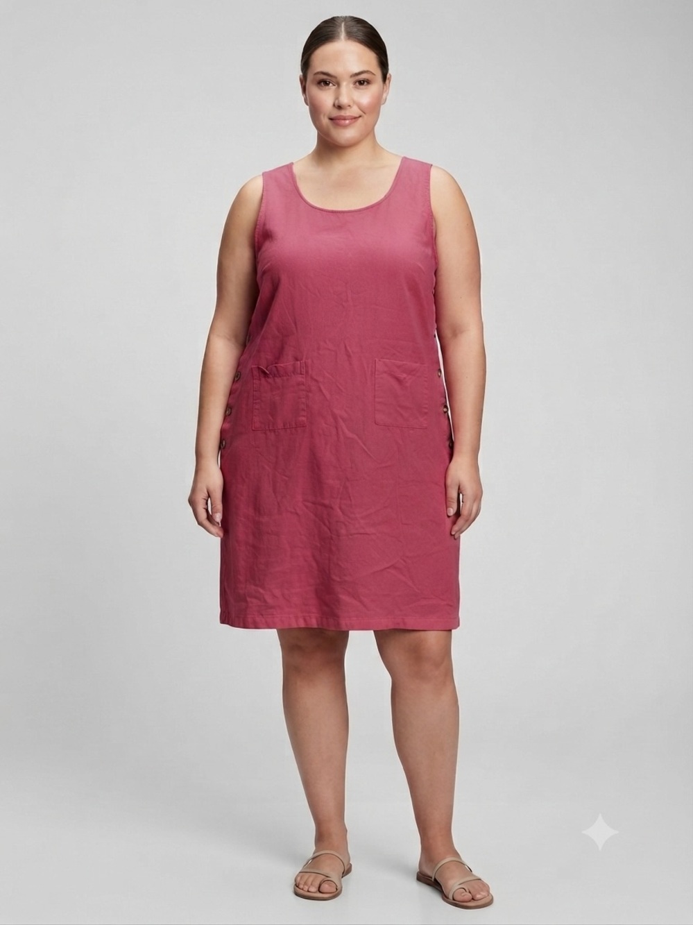 Silhouettes Plus Size 3X Pink Sleeveless Shift Dress 100% Cotton Button Sides